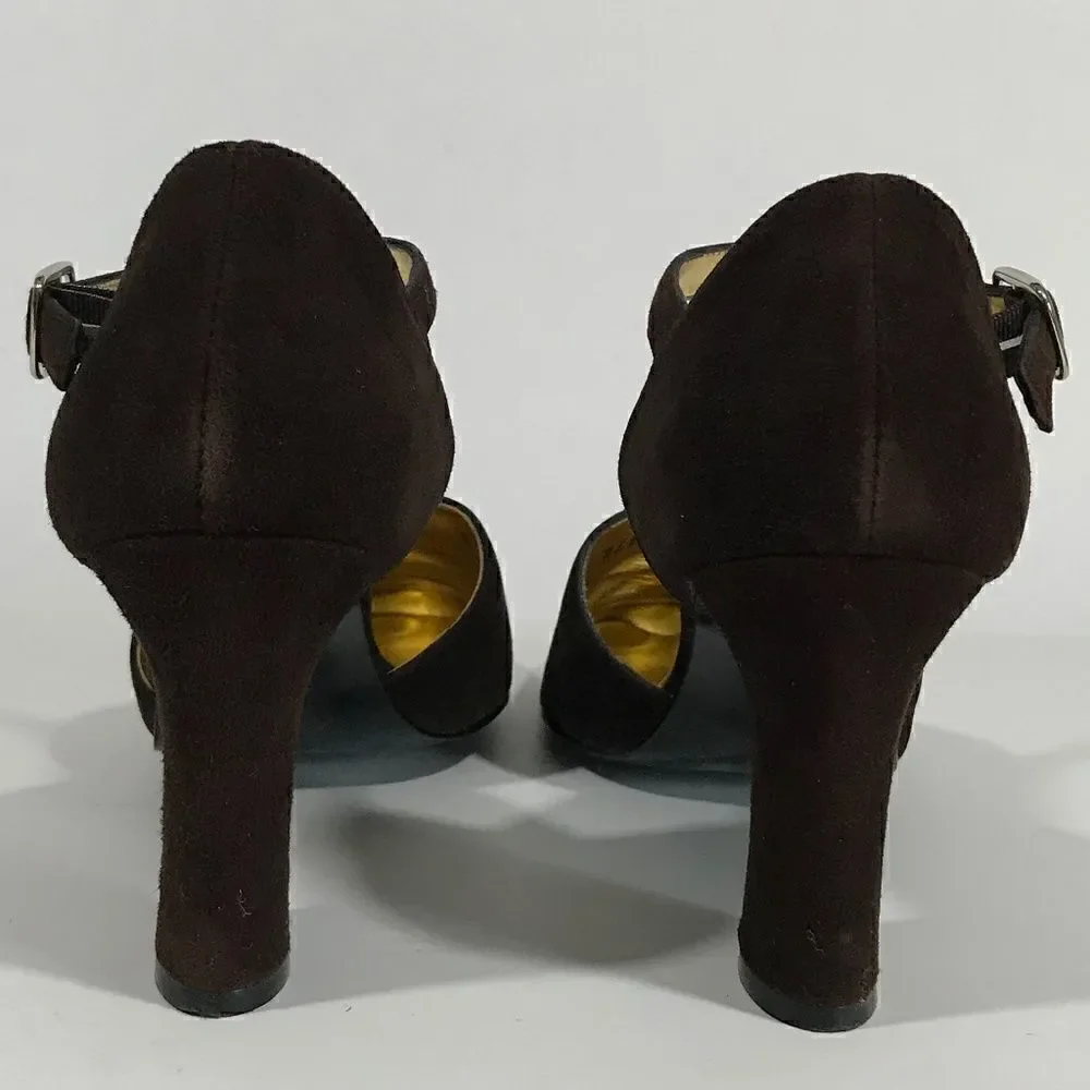 Vintage Kasper Brown Suede Oval Heel wAnkle Strap